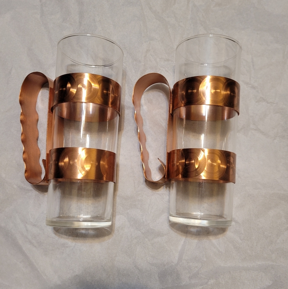 Vintage Fantasy Copperware Mid Century Copper and Glass Coffee Mugs Set